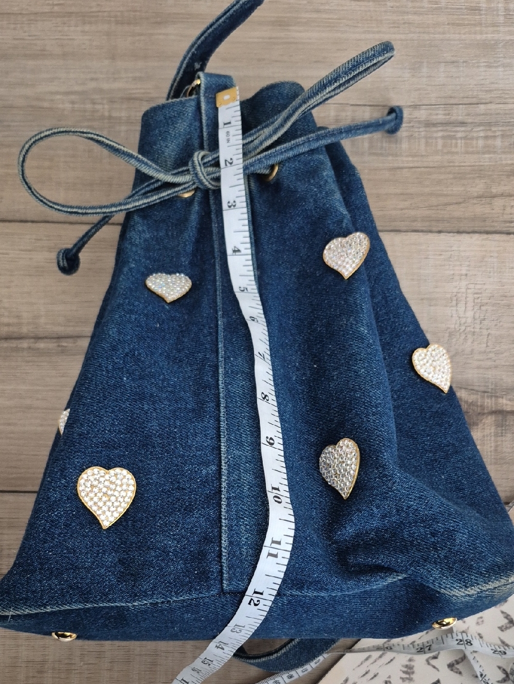 Sepcoeur Paris Denim Bucket Drawstring Bucket Bag with Heart Studs - Blue - Picture 11 of 15